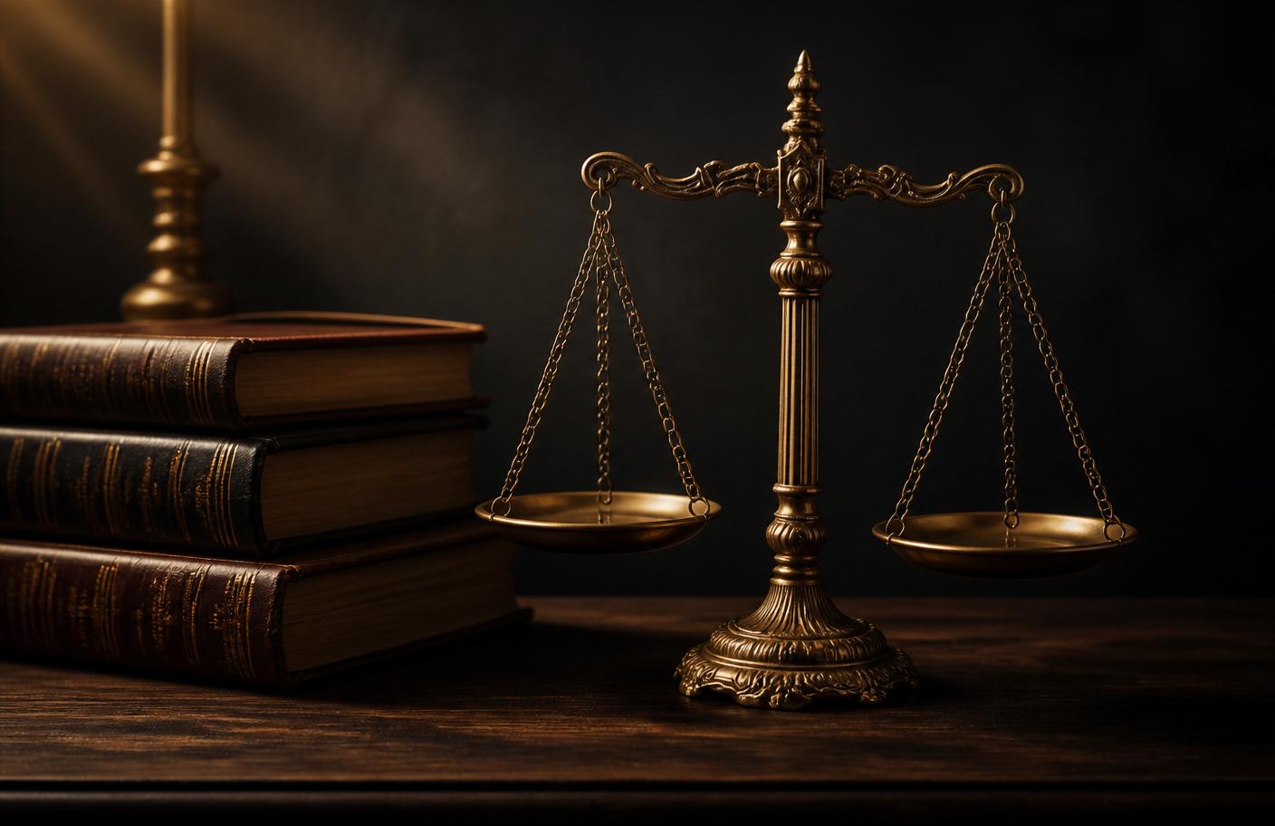 Balança da justiça em bronze ao lado de livros de legislação trabalhista, representando a área de direito do trabalho